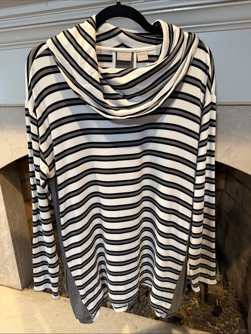 Chico's Gray and White Striped Cowl Neck Sweater size Medium (1)